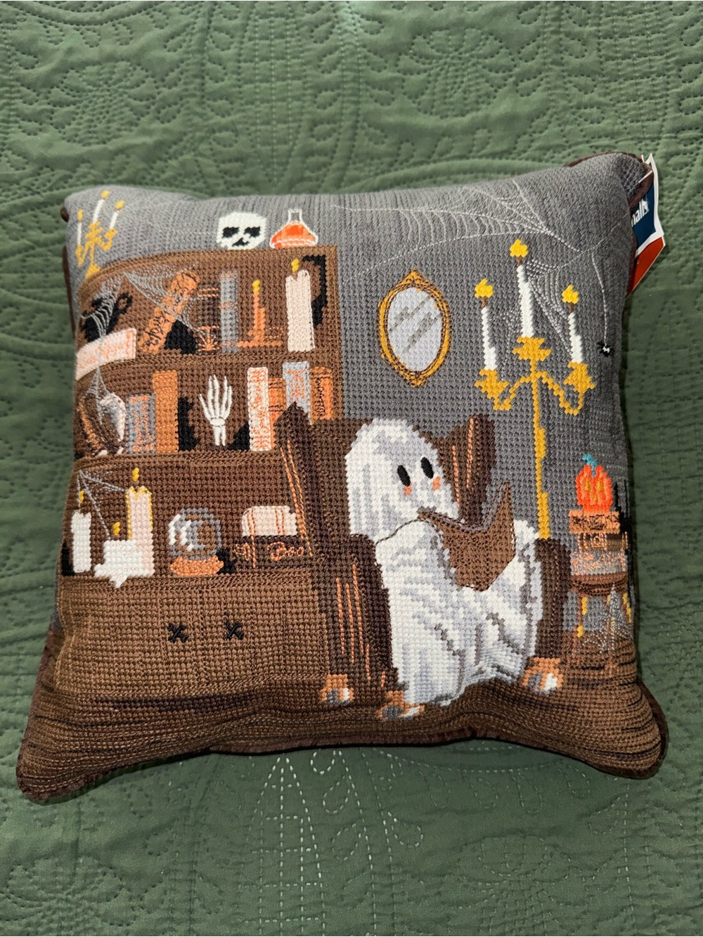 Ghost Reading Book Needlepoint Stitch Halloween Pillow HTF NWT